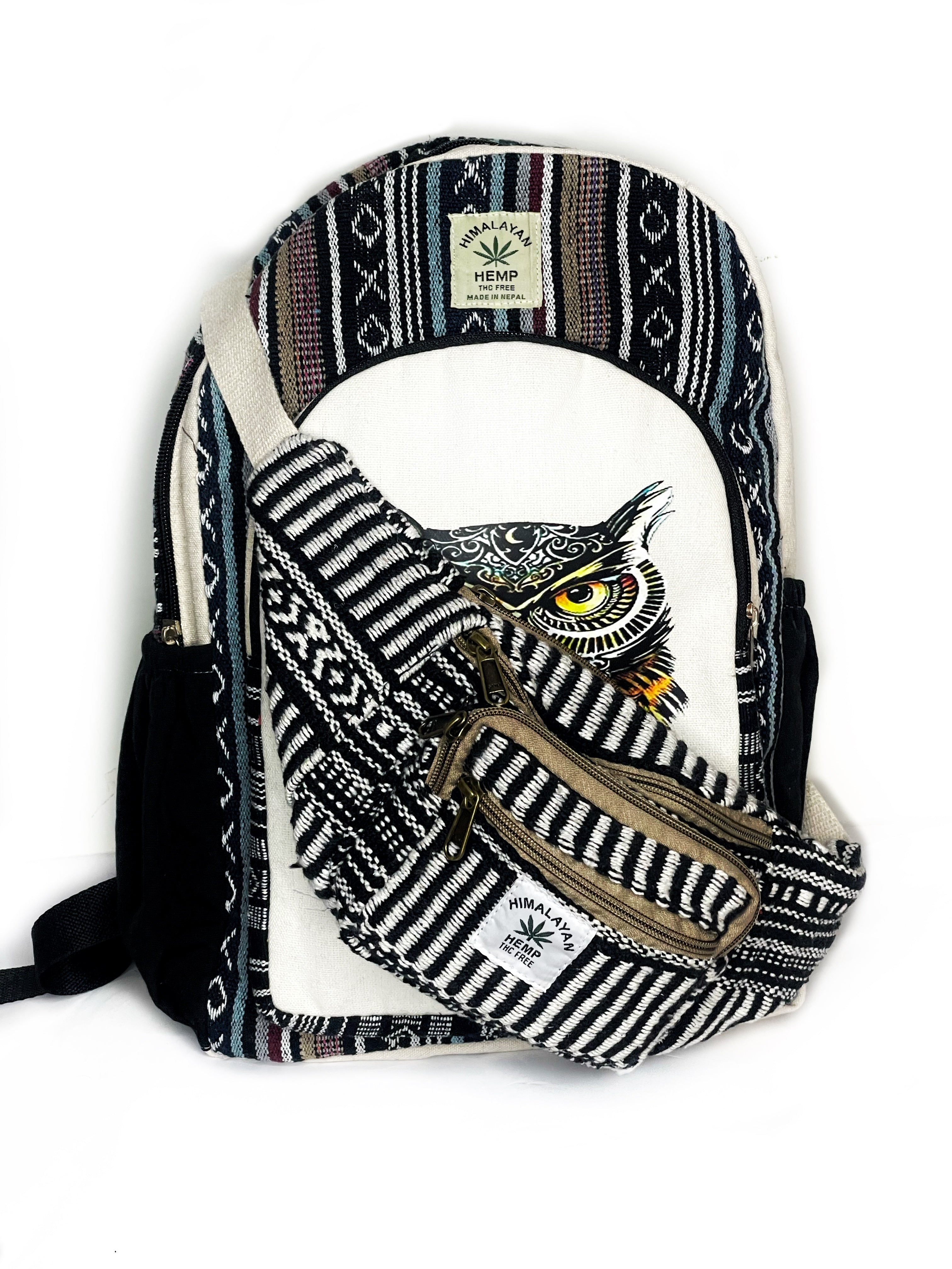 Himalayan Owl Printed Hemp Backpack Combo   (Backpack and Waist Pouch Bag) - 48 L Laptop Office/School/Travel/Business Backpack- Fits Up to 17.3 Inch Laptop Noteboo