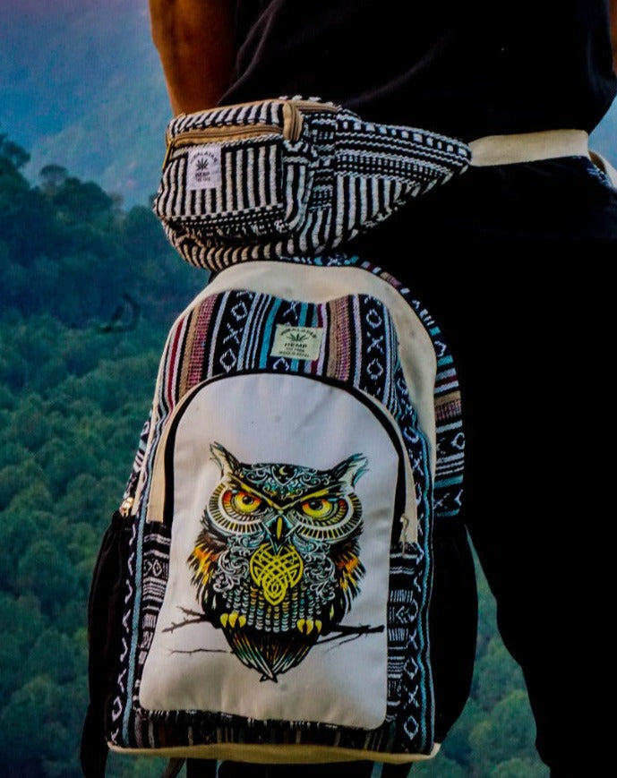 Himalayan Owl Printed Hemp Backpack Combo   (Backpack and Waist Pouch Bag) - 48 L Laptop Office/School/Travel/Business Backpack- Fits Up to 17.3 Inch Laptop Noteboo